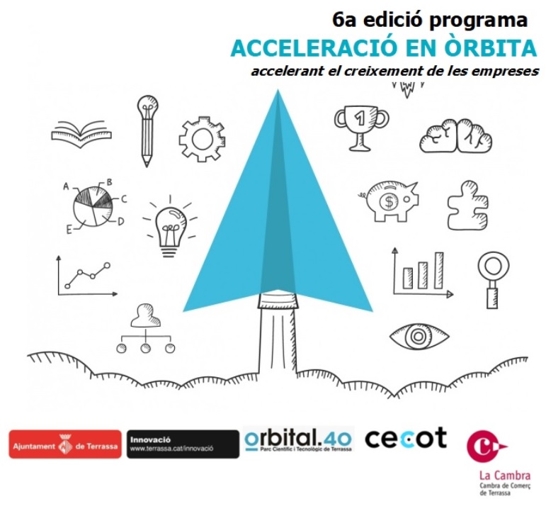 Caràtula programa 6ª edició programa Acceleració en Òrbita. Accelerant el creixement de les empreses. Logos d'Ajuntament de Terrassa, Cambra de Terrassa i Cecot