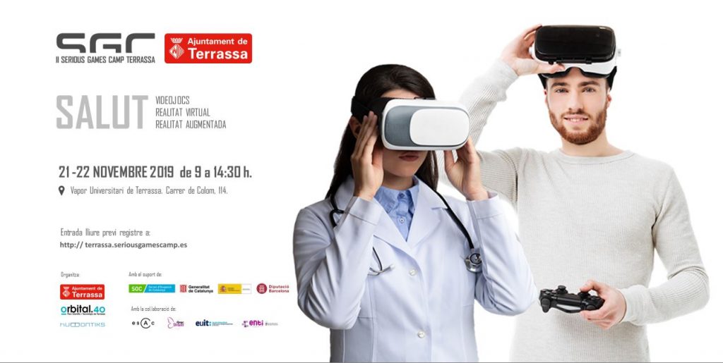 Dona amb bata blanca de metge i fonendoscopi penjant amb ulleres de ralitat virtual i noi amb comandament de videojocs a la mà agant les ulleres de realitat virtual al front. Informació de la jornada.