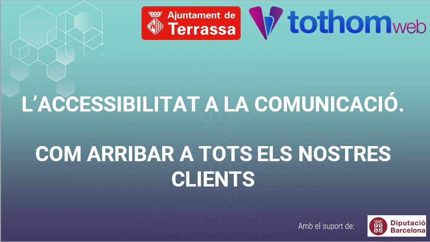 Títol webinar de color blanc sobre fons blau i logos Ajuntament de Terrassa i Tothomweb com a organitzadors i amb el suport de Diputació de Barcelona