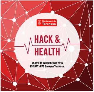 Fons vermell amb nodes blancs connectats. Rodona blana al mig amb text Hack & Health 25 i 26 de novembre 2018. ESEIAAT-UPC Campus Terrassa