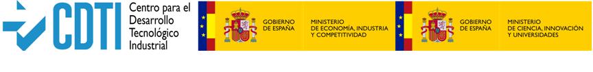 Logo CDTI. Centro para el Desarrollo Tecnológico Industrial, Gobierno de España. Ministerio de Economía, Industría y Competitividad i Gobierno de España. Ministerior de Ciencia, Innovación y Universidades