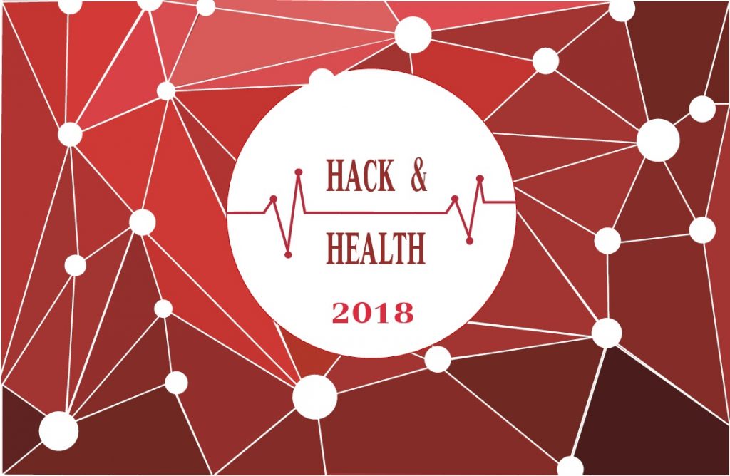 Fons vermell amb nodes blancs connectats. Rodona blana al mig amb text Hack & Health 2018