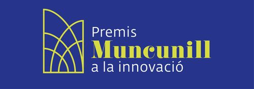 Fons blau amb logo i text Premis Muncunill a la innovació