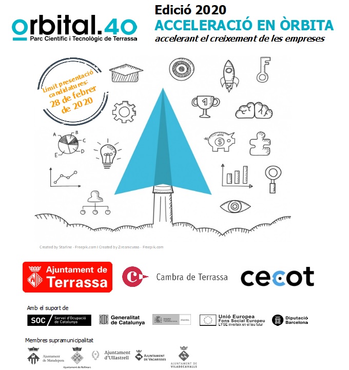 Caràtula programa Edició programa Acceleració en Òrbita. Accelerant el creixement de les empreses. Logos Orbital.40 Parc Científic i Tecnologìc de Terrassa, Ajuntament de Terrassa, Cambra de Terrassa i Cecot. Amb el suport de SOC, Generalitat de Catalunya, Ministerio, Unió Europea, Diputació de Barcelona. Memebres de la supramunicipalitat: Rellinars, Vacarisses, Matadepera, Viladecalls i Ullastrell