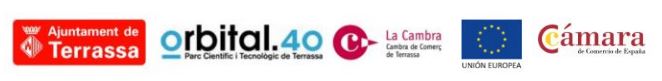Logos Ajuntament de Terrassa, Orbital.40 Parc Científic i Tecnològic de Terrassa, Cambra de Comerç de Terrassa, Unió Europea i Cámara de Comercio de España