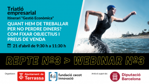 Nedadora corrents dins l'aigua. Títol sessió, dia i hora i logos Ajuntament de Terrassa, Fundació Cecot Innovació i Diputació de Barcelona