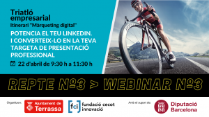 Ciclista en bici per la carretera. Títol sessió, dia i hora i logos Ajuntament de Terrassa, Fundació Cecot Innovació i Diputació de Barcelona