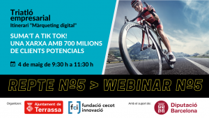 Ciclista en bici per la carretera. Títol sessió, dia i hora i logos Ajuntament de Terrassa, Fundació Cecot Innovació i Diputació de Barcelona