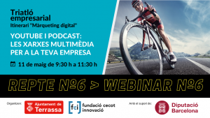 Ciclista en bici per la carretera. Títol sessió, dia i hora i logos Ajuntament de Terrassa, Fundació Cecot Innovació i Diputació de Barcelona