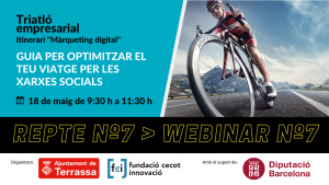 Ciclista en bici per la carretera. Títol sessió, dia i hora i logos Ajuntament de Terrassa, Fundació Cecot Innovació i Diputació de Barcelona