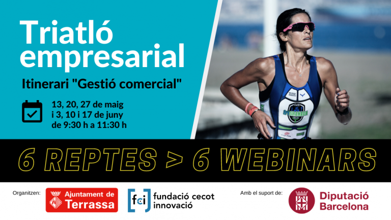 Corredora. Triatló empresarial. Dies sessions. Logo Ajuntament de Terrassa, Fundació Cecot Innovació i Diputació de Barcelona