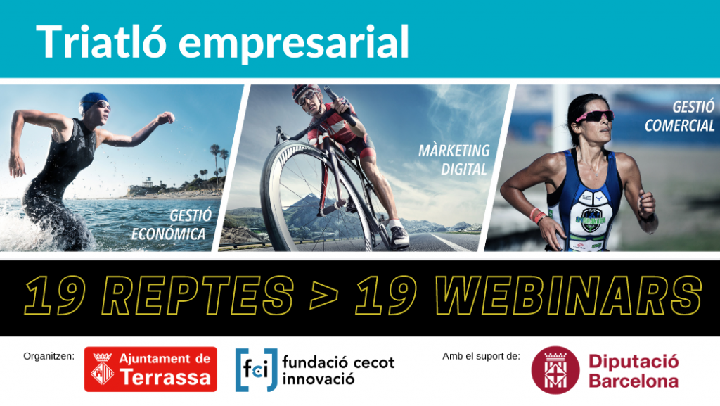Nedadora corrents dins l'aigua, ciclista en bici, corredora corrents. 19 Reptes -> 19 Webinars. Logos Ajuntament de Terrassa, Fundació Cecot Innovació i Diputació de Barcelona