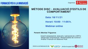 Formació per a la Innovació i dibuix bombeta encesa. Logo Ajuntament de Terrassa com a organitzador. Mètode DISC-Avaluació