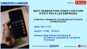 Formació per a la Innovació. Imatge d'una mà agafant una calculadora. Logo Ajuntament de Terrassa com a organitzador.