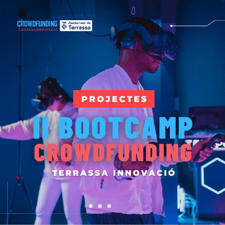 Fons blau amb un noi i una noia amb ulleres de realitat virtual.Projectes II Bootcamp Crowdfunding Terrassa Innovació.