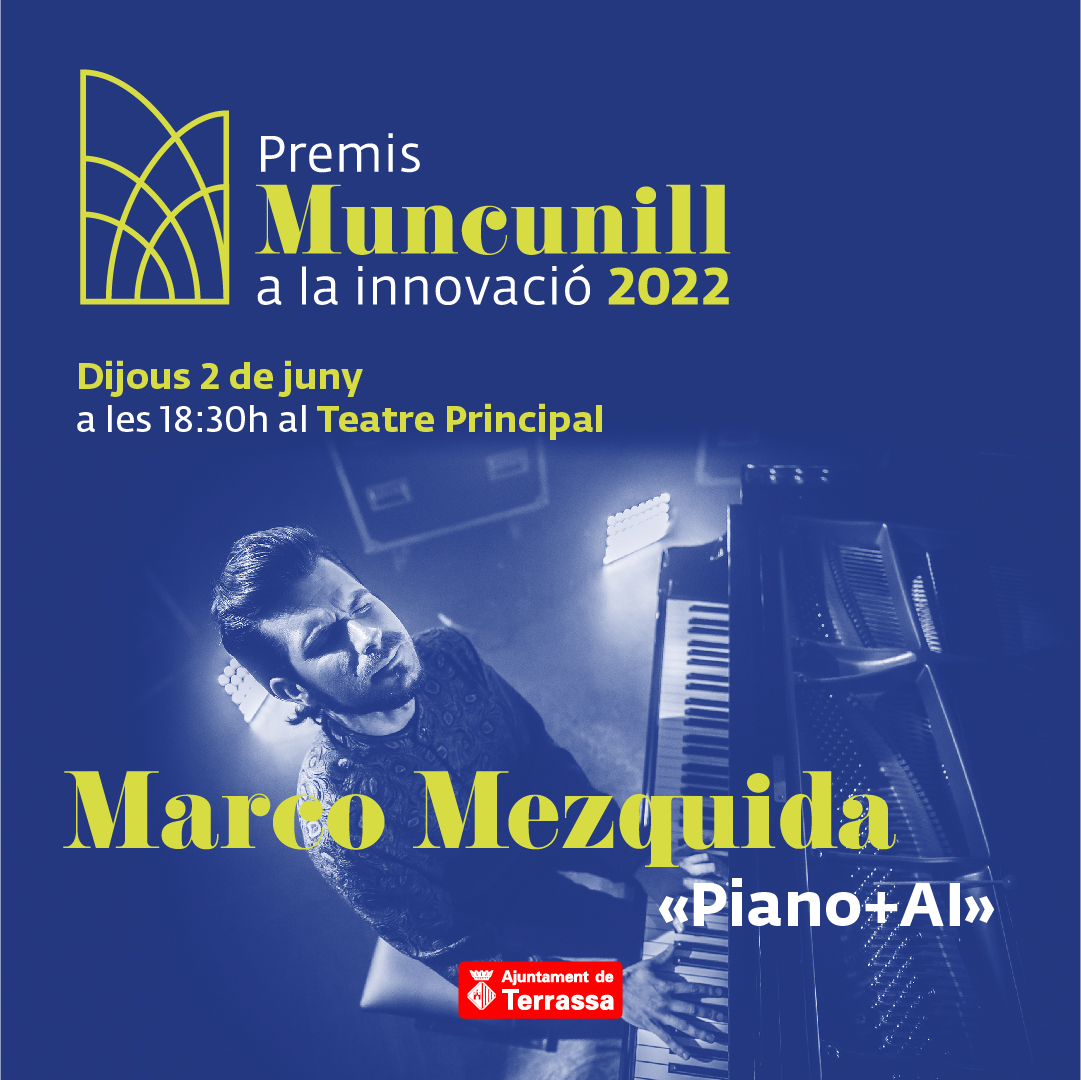 Fons blau, imatge de Marco Mezquida tocant el piano. Premis Muncunill a la Innovació 2022 Dijous 2 de juny a les 18:30 h al Teatre Principal Marco Mezquida "Piano Logo Ajuntament de Terrassa
