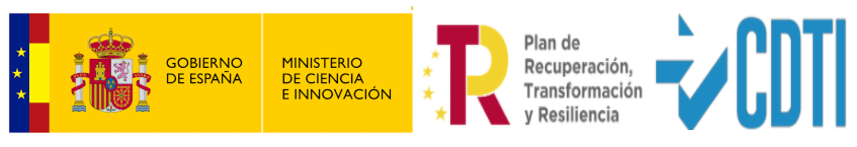 Logo Gobierno de España Ministerio de Ciencia e Innovación, logo Plan de Recuperación Transformación y Resiliencia, logo CDTI